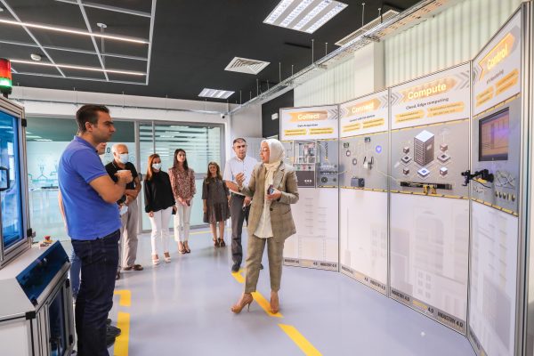 Eine Frau erklärt einer Besuchergruppe eine Industrie-4.0-Demonstrationswand mit den Bereichen „Collect“, „Connect“, „Compute“ und „Control“.